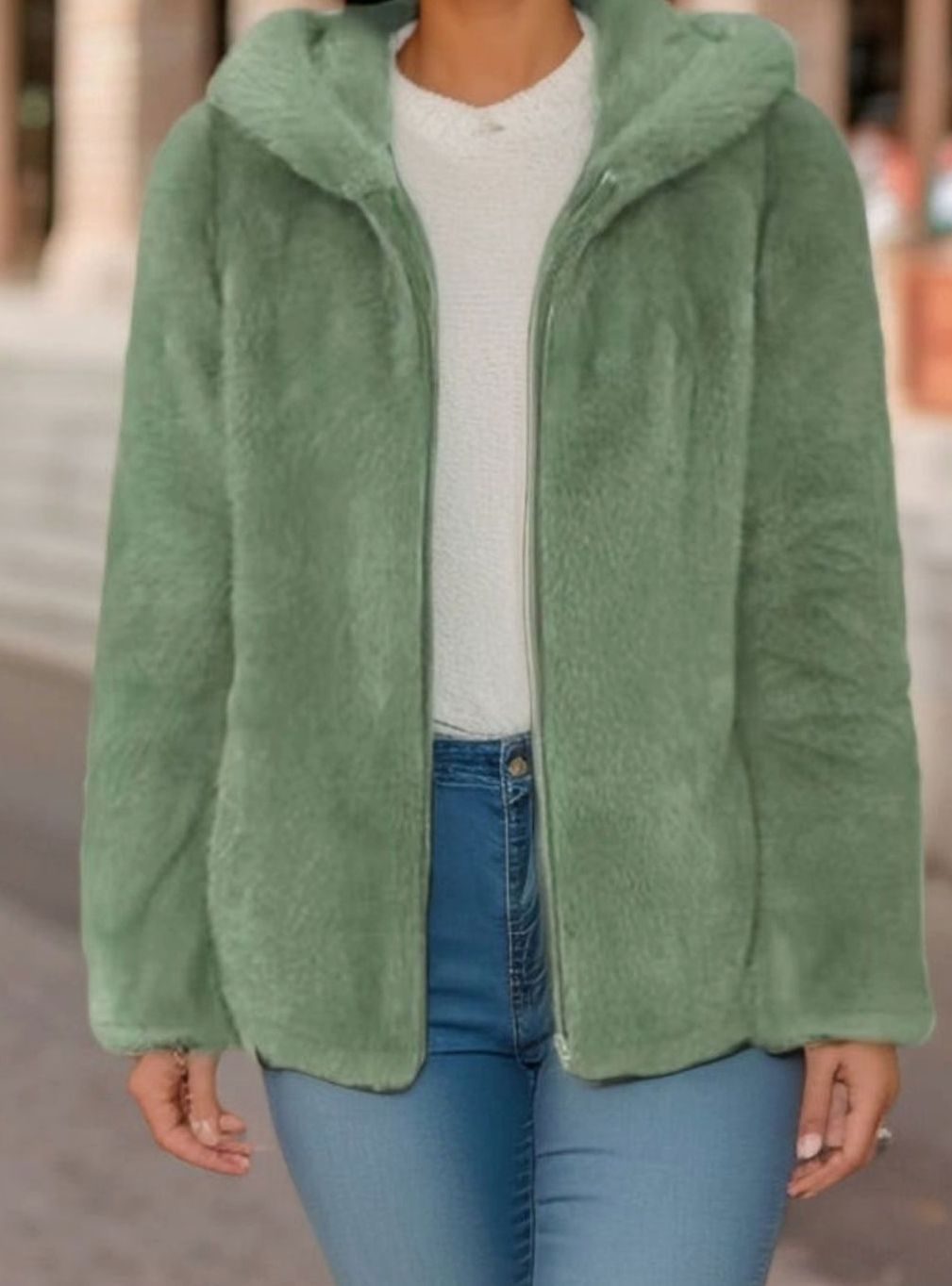 Women's Hooded Faux Fur Zip-Up Teddy Fleece Jacket - Green