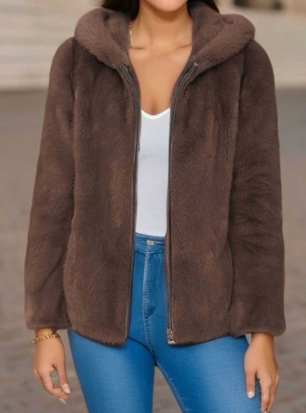 Women's Hooded Faux Fur Zip-Up Teddy Fleece Jacket - Brown