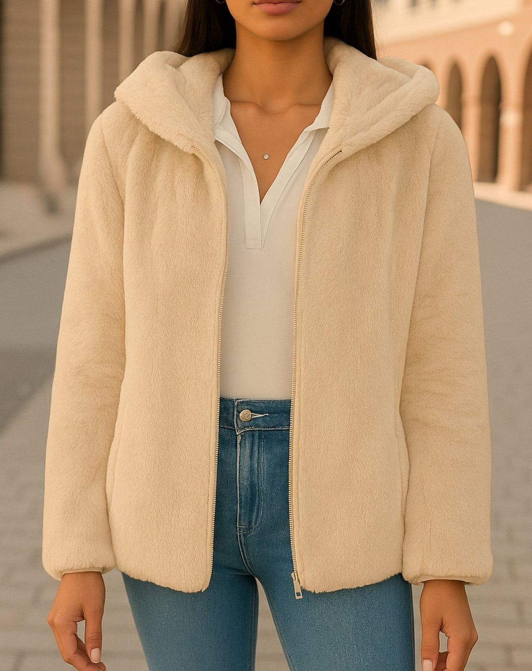 Women's Hooded Faux Fur Zip-Up Teddy Fleece Jacket - Light Brown