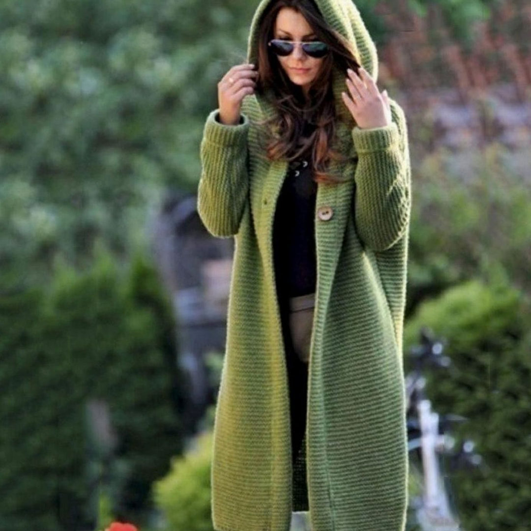 Women's Hooded Long Knit Maxi Cardigan Open Front Sweater - Green