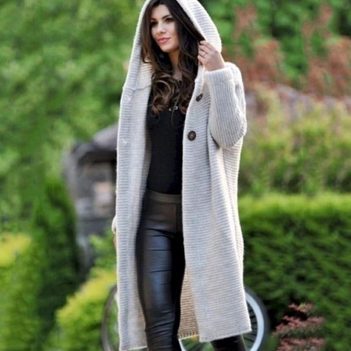 Women's Hooded Long Knit Maxi Cardigan Open Front Sweater - Beige
