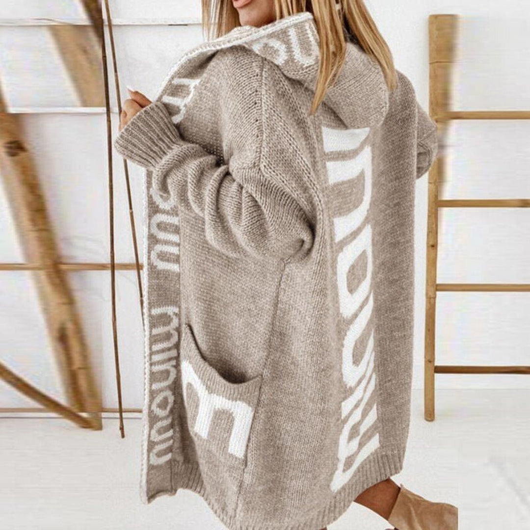 Women's Hooded Open-Front Letter-Print Knit Cardigan Sweater - Beige