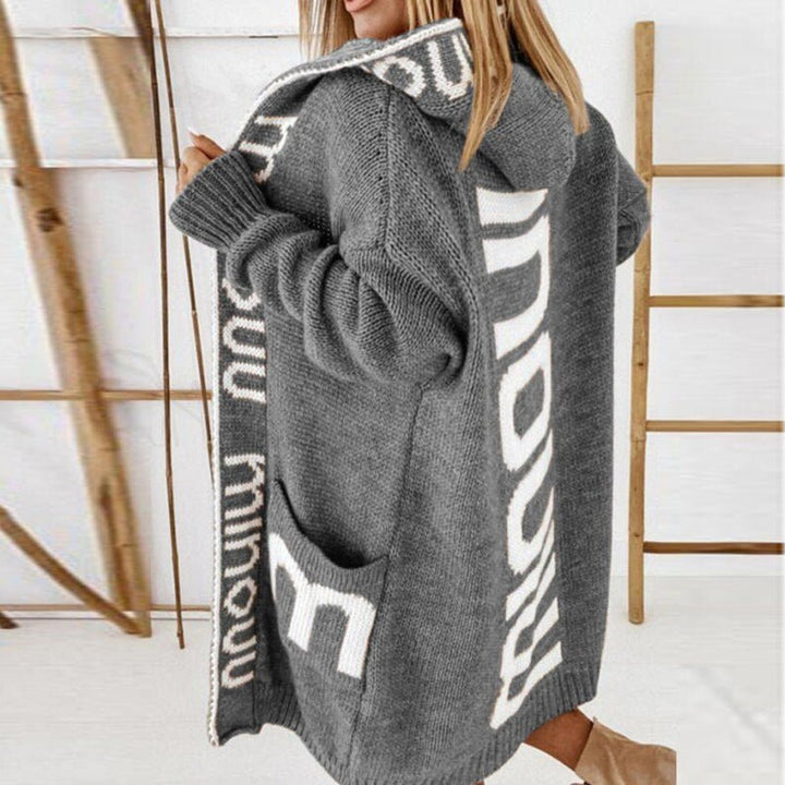 Women's Hooded Open-Front Letter-Print Knit Cardigan Sweater - Gray