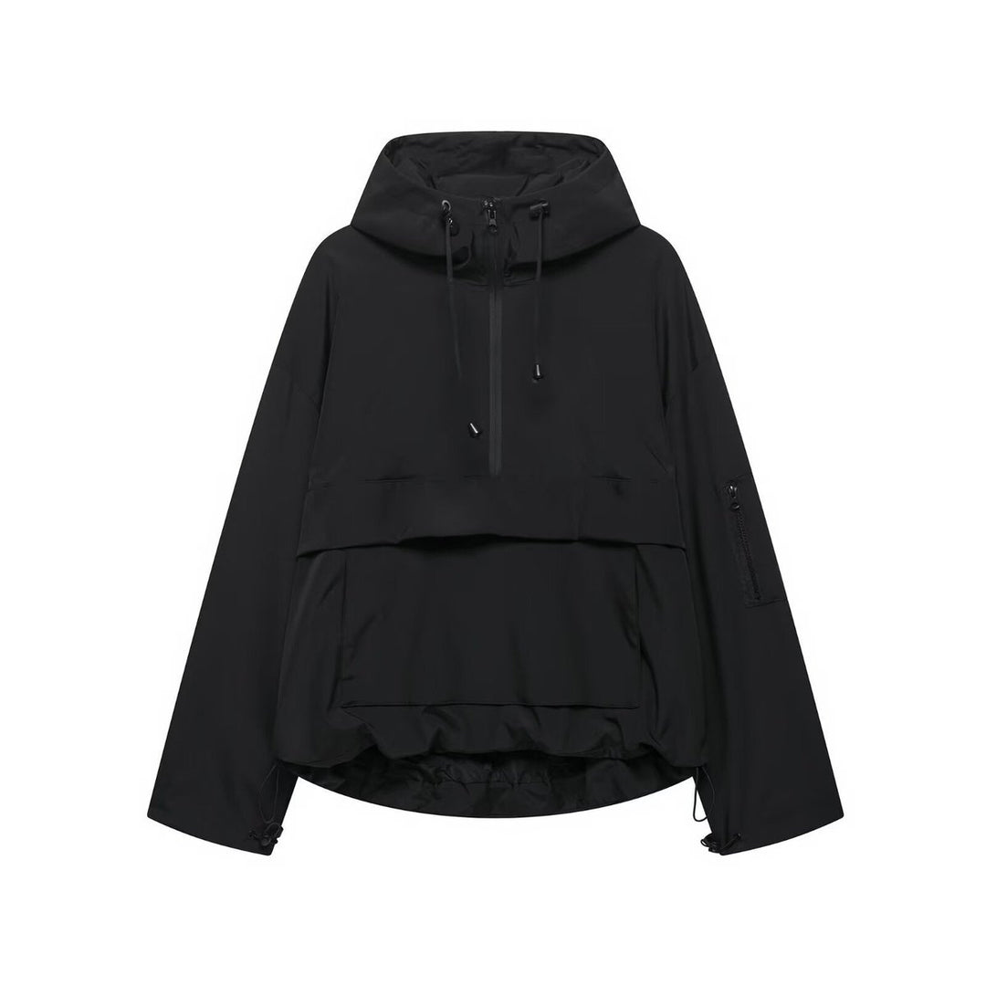 Women's Hooded Pullover Anorak Quilted Jacket Weather-Resistant - Black