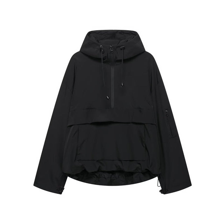 Women's Hooded Pullover Anorak Quilted Jacket Weather-Resistant - Black