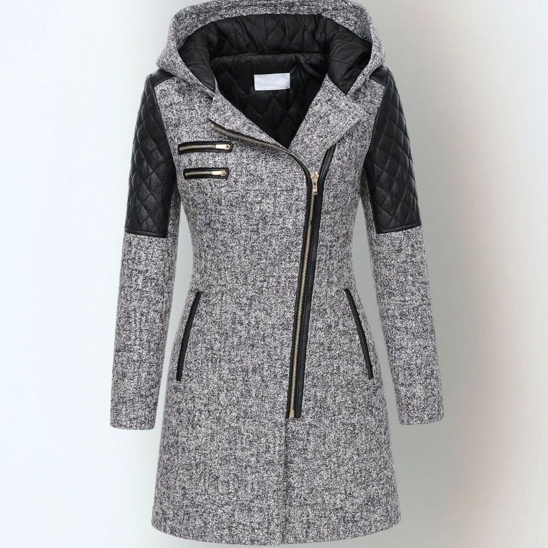 Women's Hooded Wool-Blend Moto Coat Quilted Leather Sleeve - Light Gray