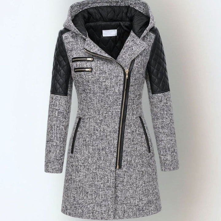 Women's Hooded Wool-Blend Moto Coat Quilted Leather Sleeve - Light Gray