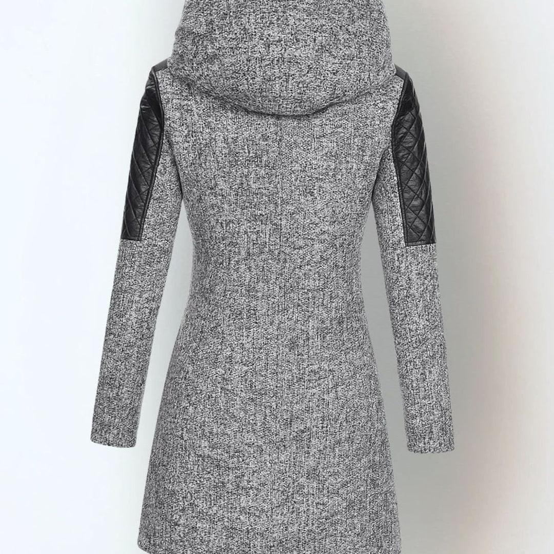 Women's Hooded Wool-Blend Moto Coat Quilted Leather Sleeve