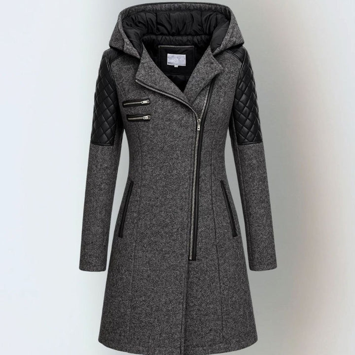 Women's Hooded Wool-Blend Moto Coat Quilted Leather Sleeve - Dark Gray