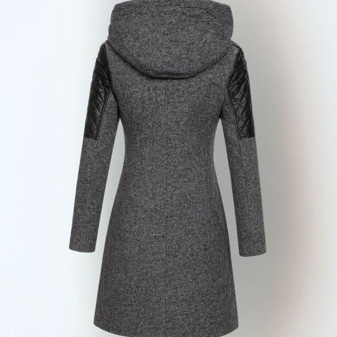 Women's Hooded Wool-Blend Moto Coat Quilted Leather Sleeve