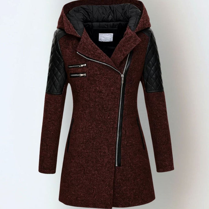 Women's Hooded Wool-Blend Moto Coat Quilted Leather Sleeve - Red