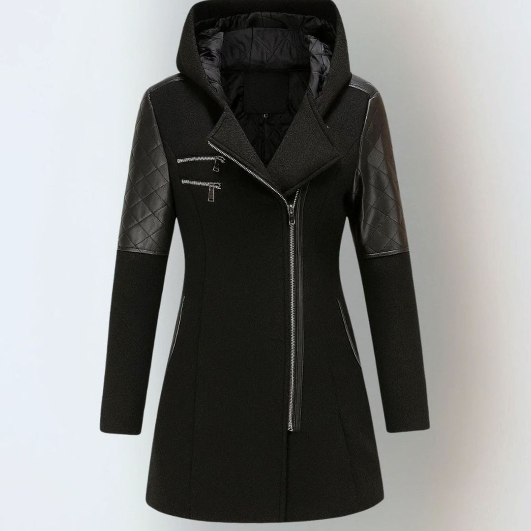 Women's Hooded Wool-Blend Moto Coat Quilted Leather Sleeve - Black