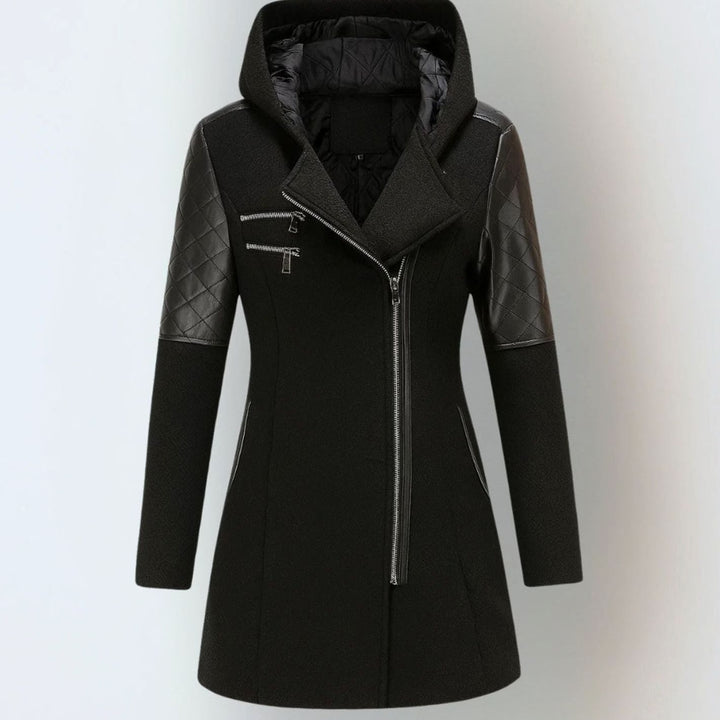 Women's Hooded Wool-Blend Moto Coat Quilted Leather Sleeve - Black