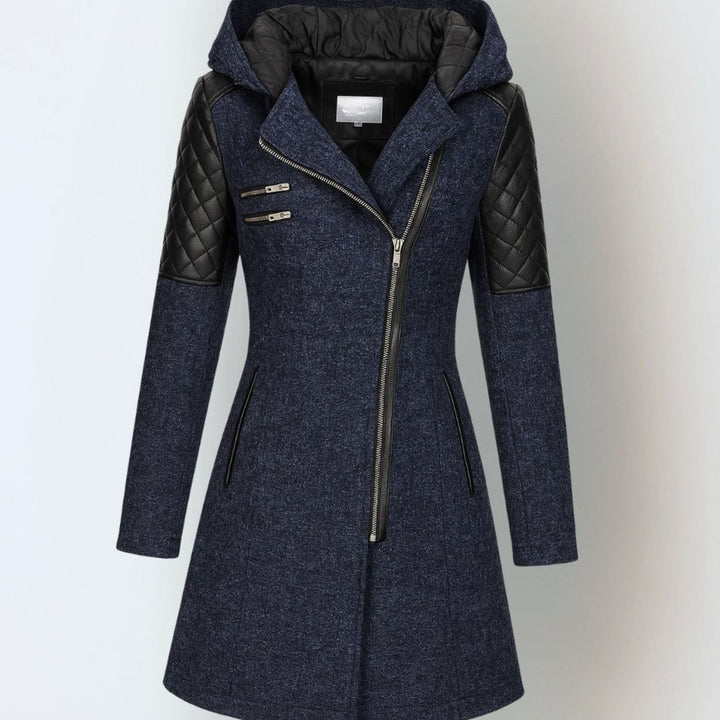 Women's Hooded Wool-Blend Moto Coat Quilted Leather Sleeve - Blue
