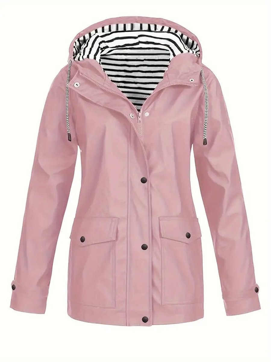 Women's Hooded Zip-Up Striped-Lined Polyester Rain Coat - Pink