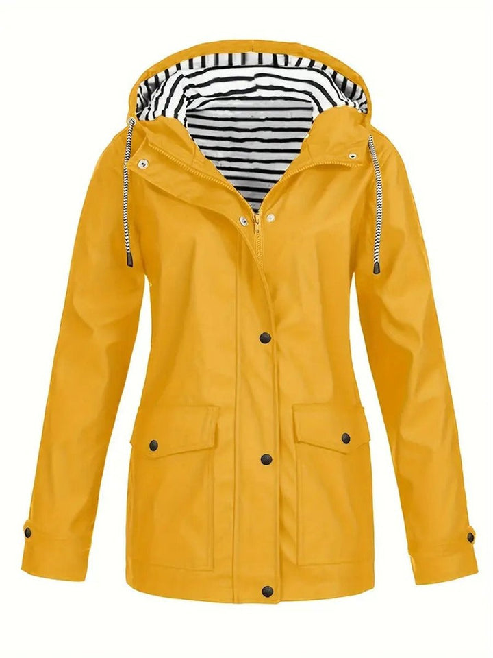 Women's Hooded Zip-Up Striped-Lined Polyester Rain Coat - Yellow
