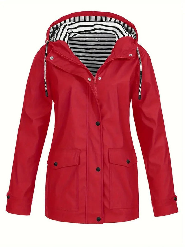 Women's Hooded Zip-Up Striped-Lined Polyester Rain Coat - Red