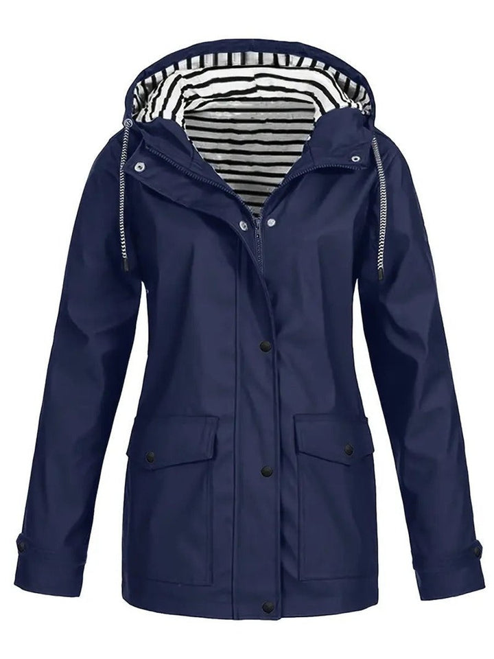 Women's Hooded Zip-Up Striped-Lined Polyester Rain Coat - Navy Blue