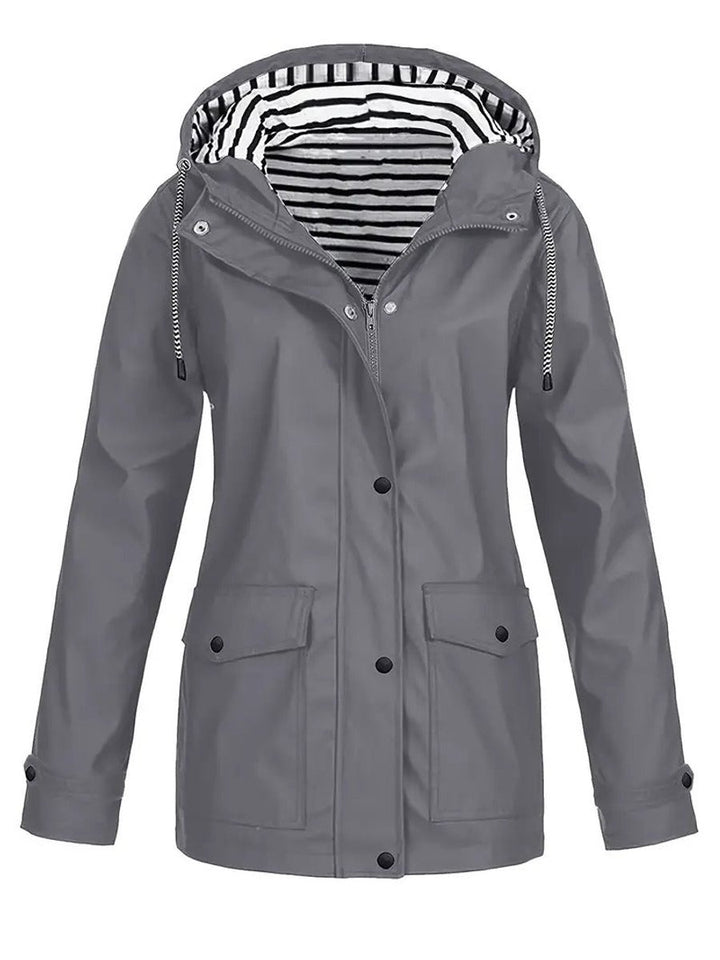 Women's Hooded Zip-Up Striped-Lined Polyester Rain Coat - Gray