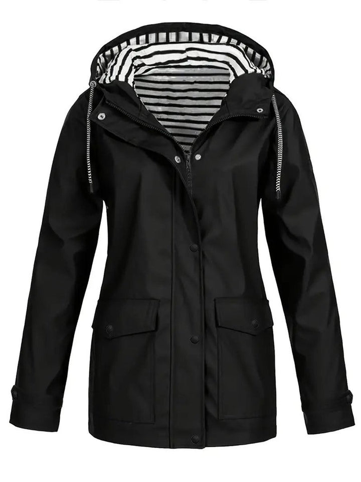 Women's Hooded Zip-Up Striped-Lined Polyester Rain Coat - Black