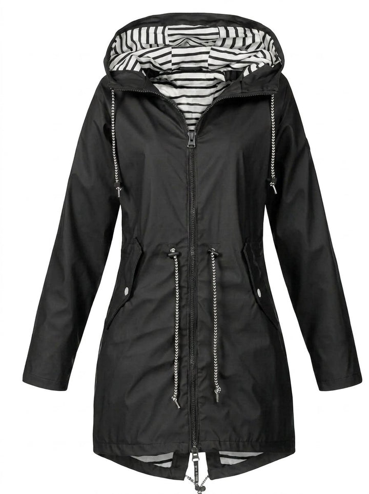 Women's Hooded Zip-Up Waterproof Raincoat Coat - Black
