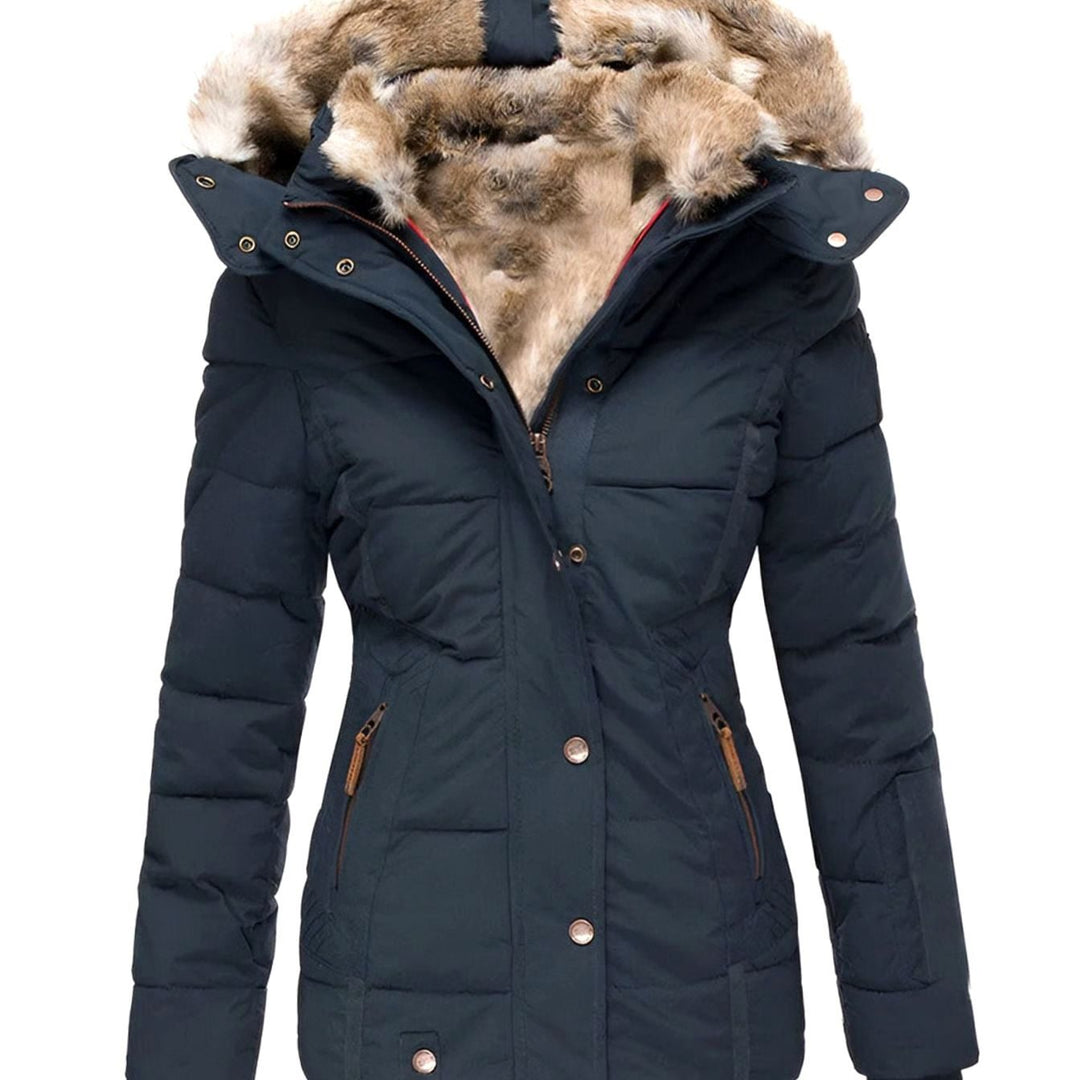 Women's Insulated Hooded Faux Fur Trim Puffer Jacket - Navy Blue