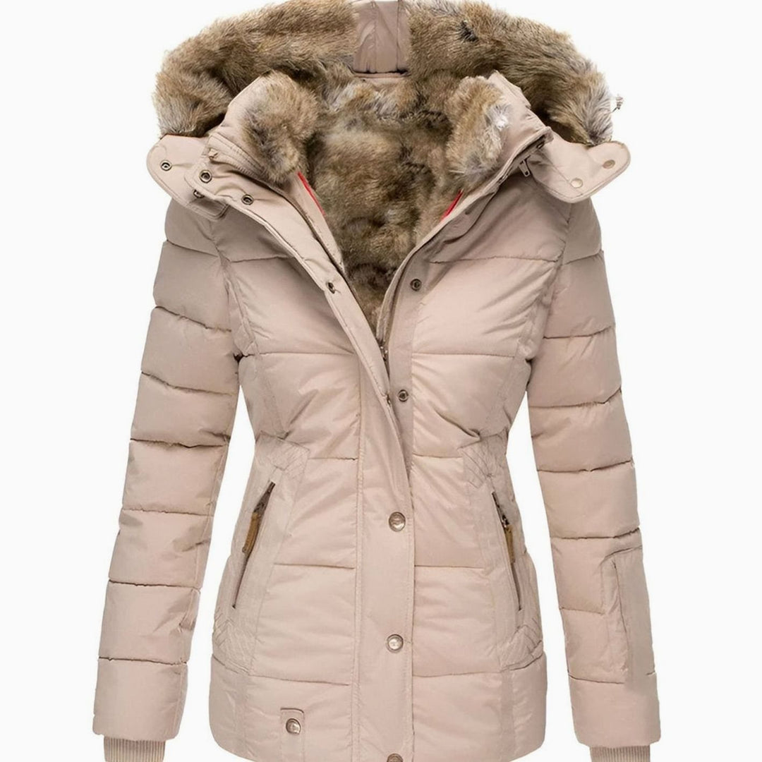 Women's Insulated Hooded Faux Fur Trim Puffer Jacket - Beige