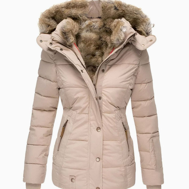 Women's Insulated Hooded Faux Fur Trim Puffer Jacket - Beige