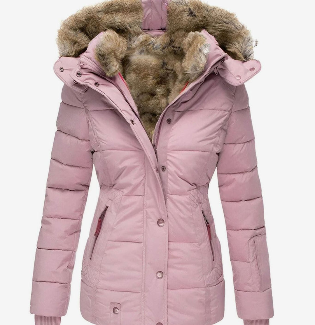 Women's Insulated Hooded Faux Fur Trim Puffer Jacket - Pink