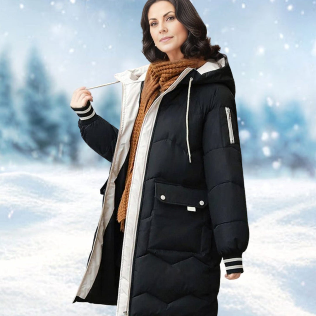 Women's Insulated Hooded Mid-Length Puffer Winter Coat - Black