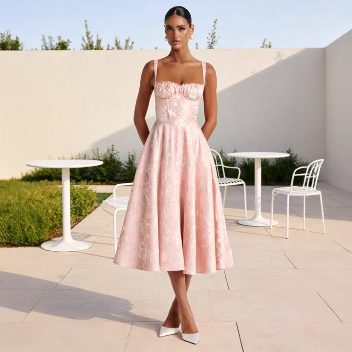 Women's Jacquard Sweetheart Corset Midi Cocktail Dress Flared A-Line