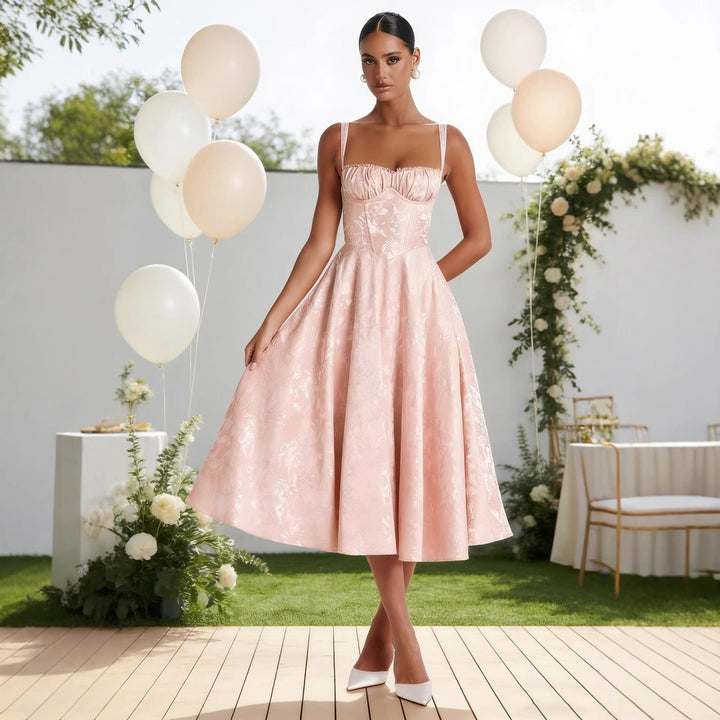 Women's Jacquard Sweetheart Corset Midi Cocktail Dress Flared A-Line - Pink