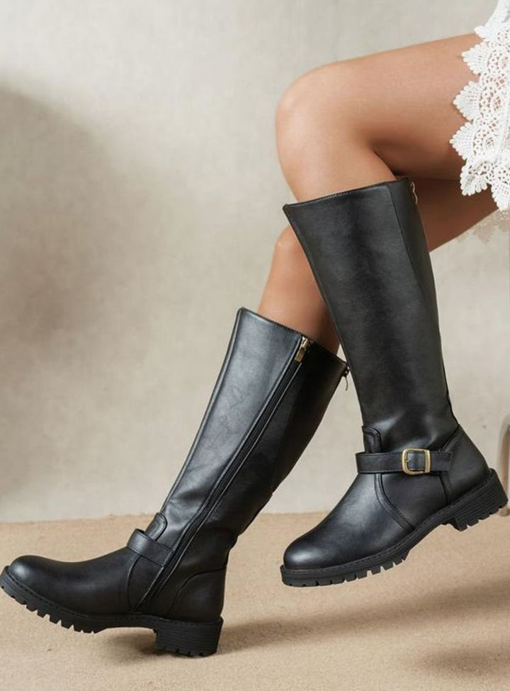 Women's Knee-High Buckle-Strap Side-Zip Block-Heel Boots - Black