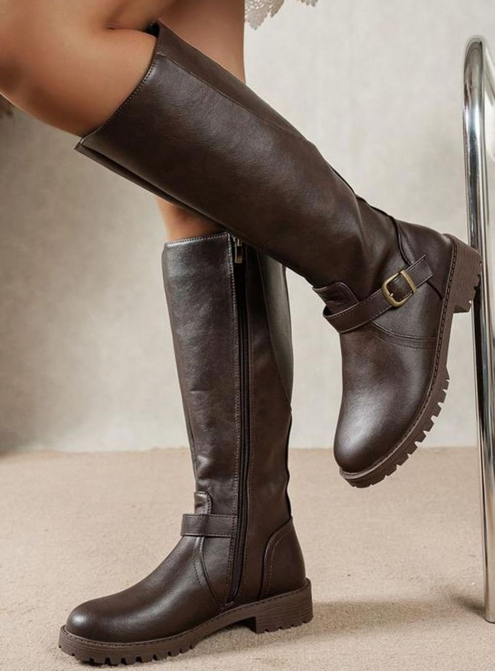 Women's Knee-High Buckle-Strap Side-Zip Block-Heel Boots - Dark Brown