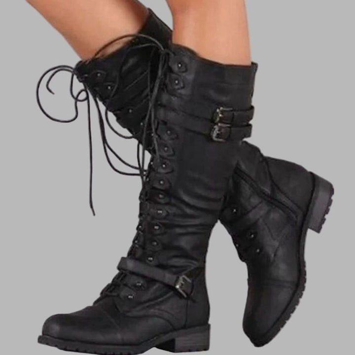 Women's Knee-High Lace-Up Buckle Strap Combat Boots - Black