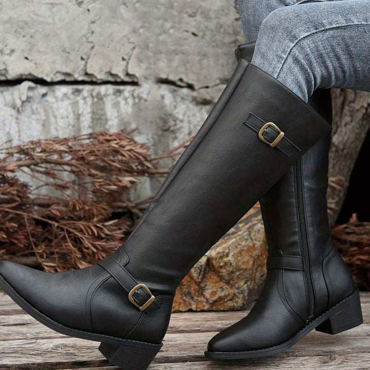 Women's Knee-High Riding Boots Low Heel Double Buckle Zipper - Black