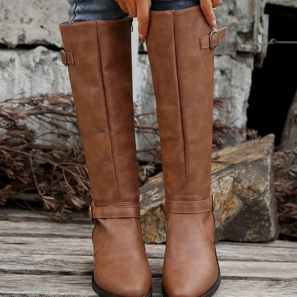 Women's Knee-High Riding Boots Low Heel Double Buckle Zipper