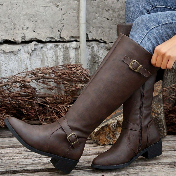 Women's Knee-High Riding Boots Low Heel Double Buckle Zipper - Dark Brown