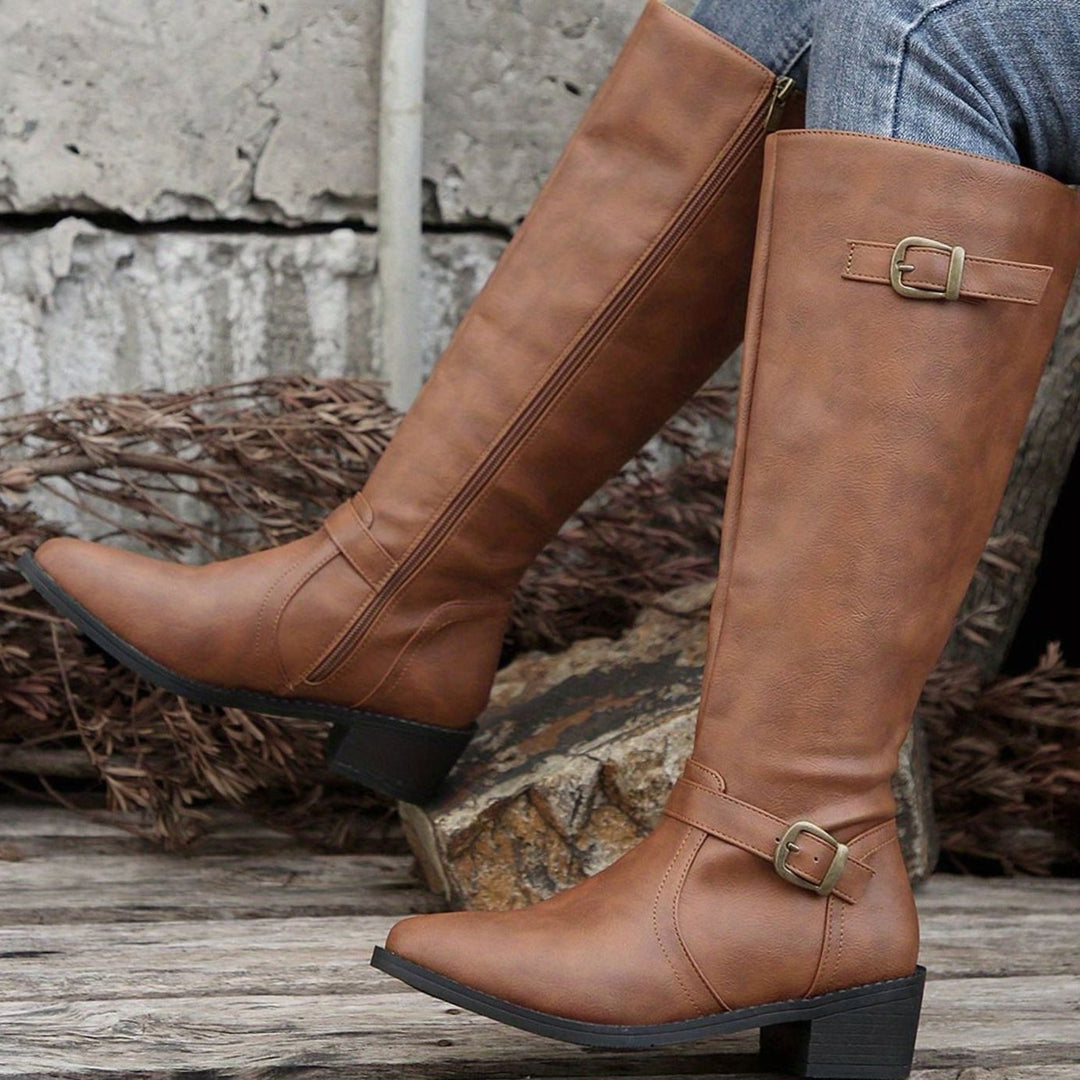Women's Knee-High Riding Boots Low Heel Double Buckle Zipper