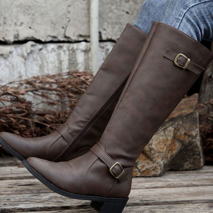 Women's Knee-High Riding Boots Low Heel Double Buckle Zipper