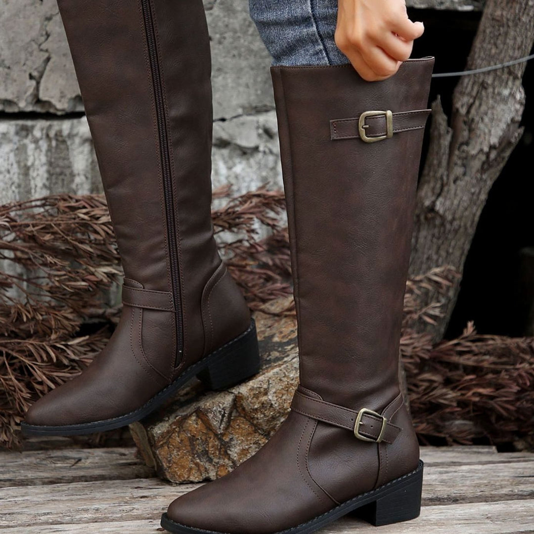 Women's Knee-High Riding Boots Low Heel Double Buckle Zipper