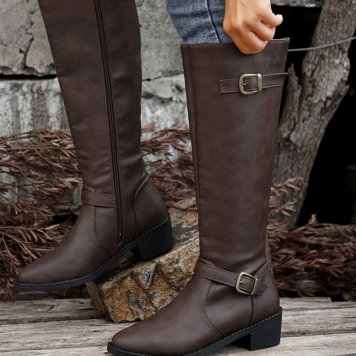 Women's Knee-High Riding Boots Low Heel Double Buckle Zipper