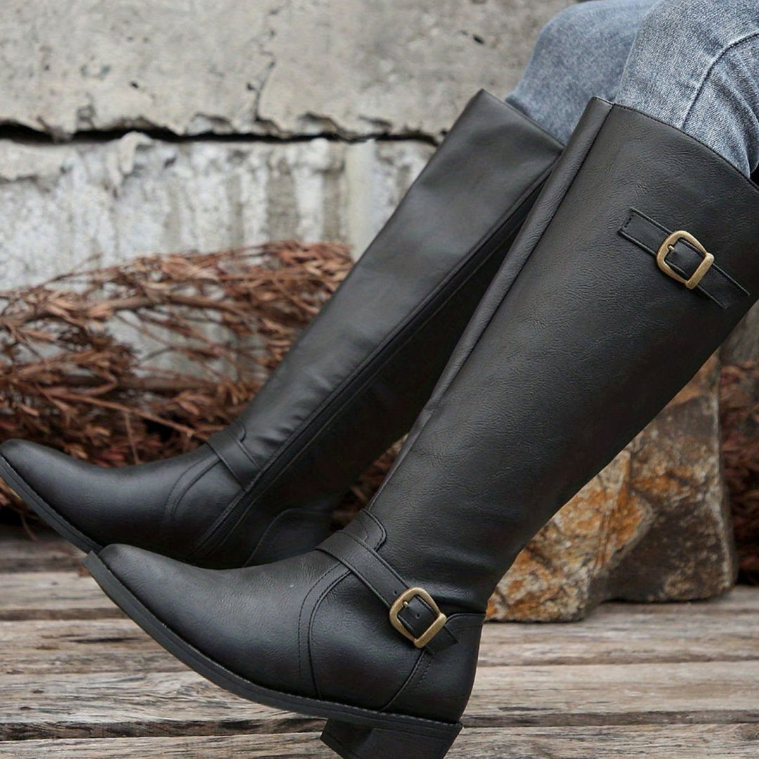Women's Knee-High Riding Boots Low Heel Double Buckle Zipper