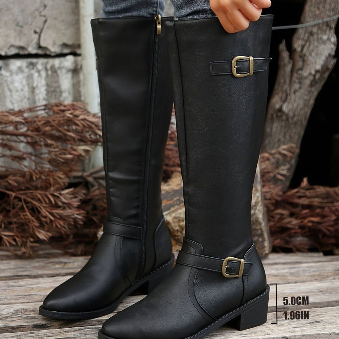 Women's Knee-High Riding Boots Low Heel Double Buckle Zipper