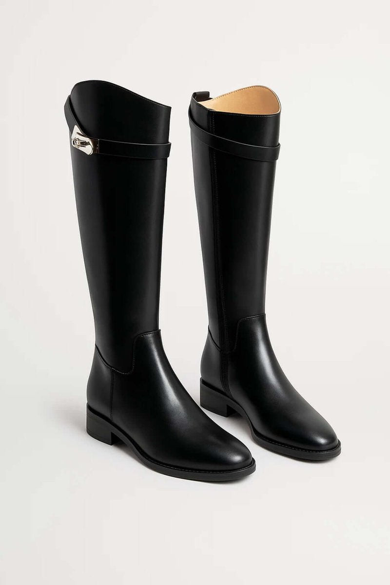 Women's Knee-High Riding Leather Buckle-Strap Ankle Boots - Black
