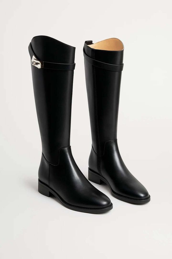 Women's Knee-High Riding Leather Buckle-Strap Ankle Boots - Black