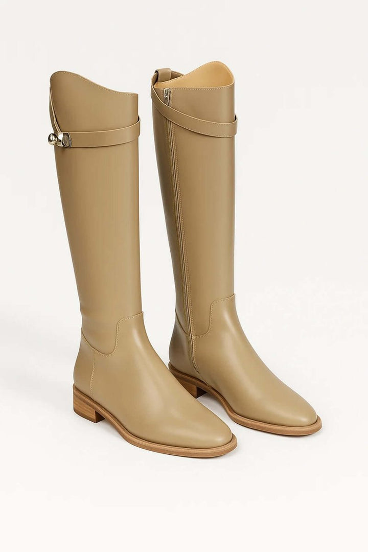 Women's Knee-High Riding Leather Buckle-Strap Ankle Boots - Beige