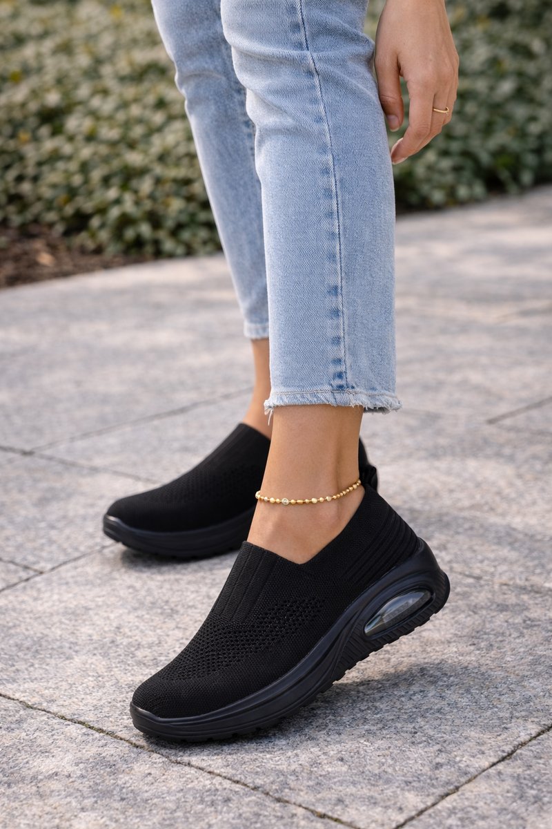 Women's Knit Slip-On Cushioned Walking Sneakers - Black