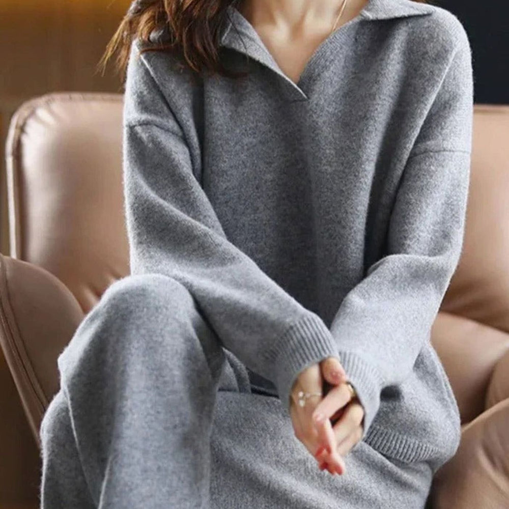 Women's Knit Two-Piece Lounge Outfit Set Relaxed Sweater Pants - Gray