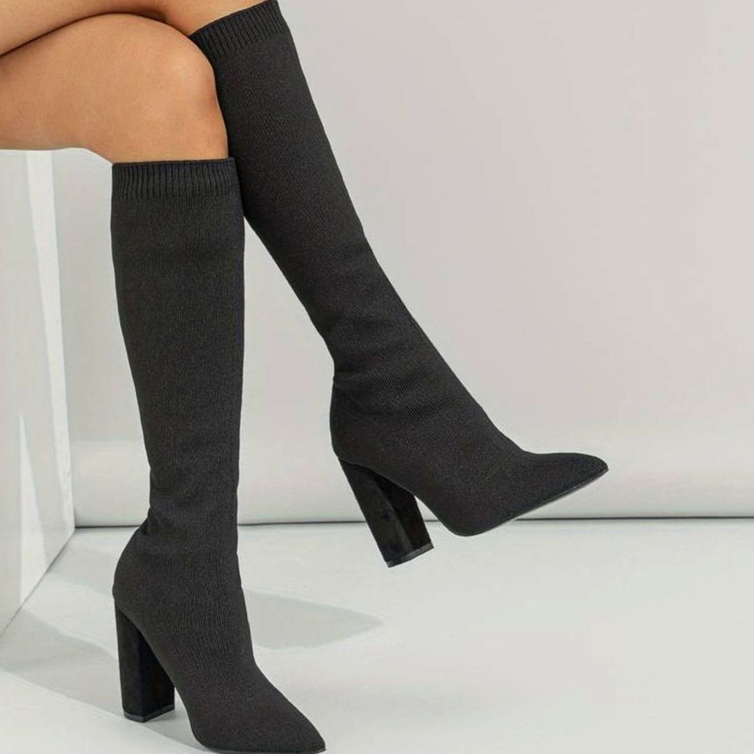Women's Knitted Knee-High Block Heel Sock Boots - Black